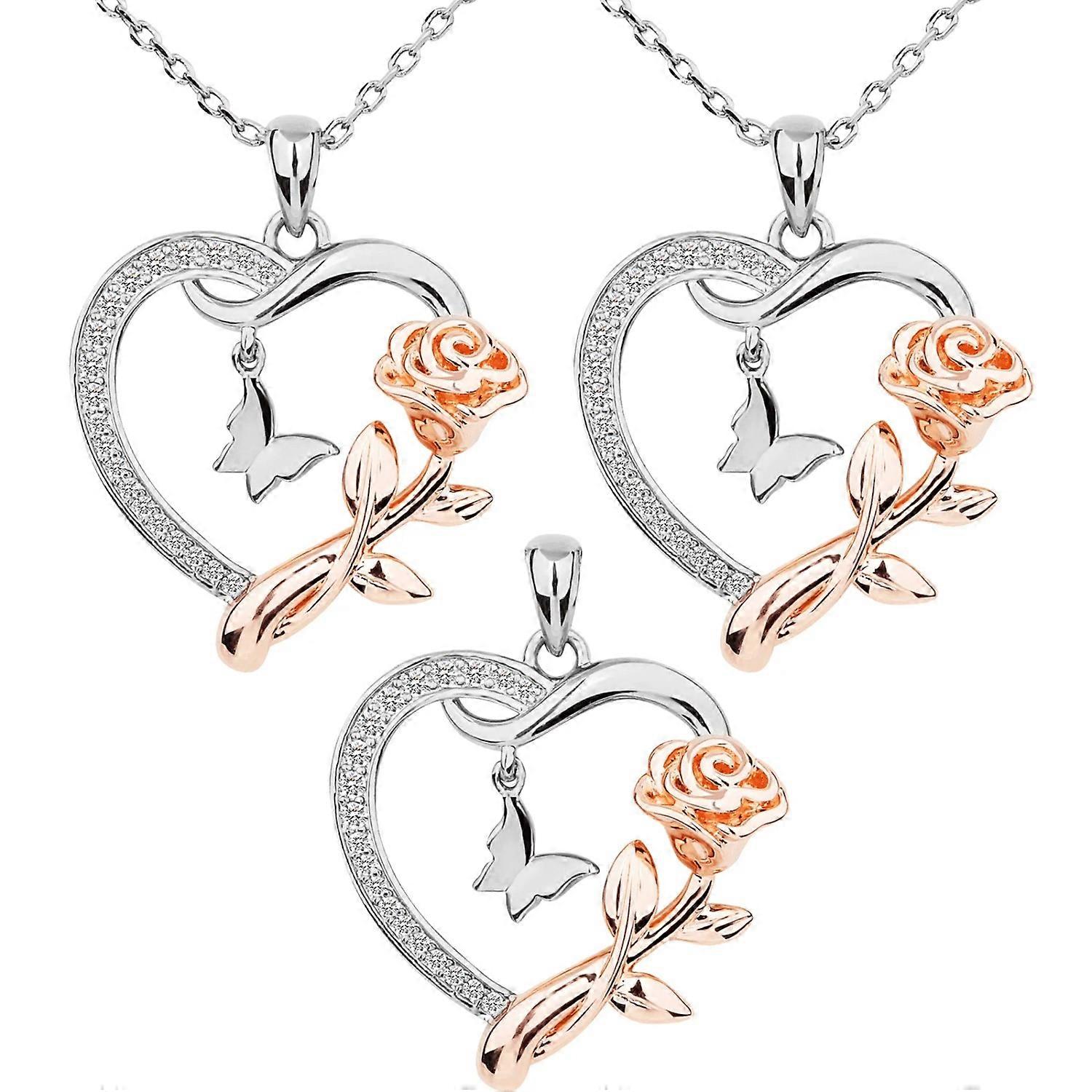 3PCS Jewelry Set Heart Necklace for Women Sterling Silver CZ Romantic Rose and Butterfly Jewelry for