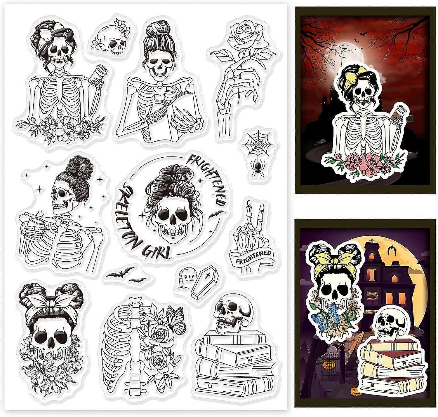 Skull Silicone Clear Stamps Skeleton Background Clear Stamps Rubber Stamps Transparent Stamp for Helloween Christmas Cards Making DIY Scrapbooking Pap