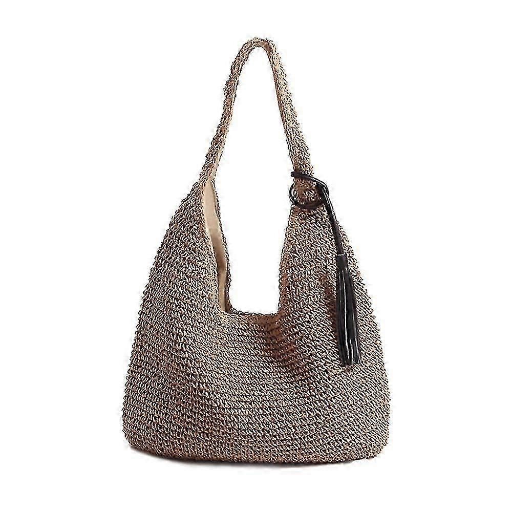 Handgewebte weiche große Stroh-Umhängetasche mit schwarzen Quasten Boho-Strohgriff-Tragetasche Retro Sommer f26