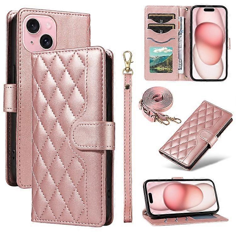 Compatible For iPhone 15 Case 3-Card Slot Wallet Rhombus Leather Phone Cover Shoulder Strap Wrist St
