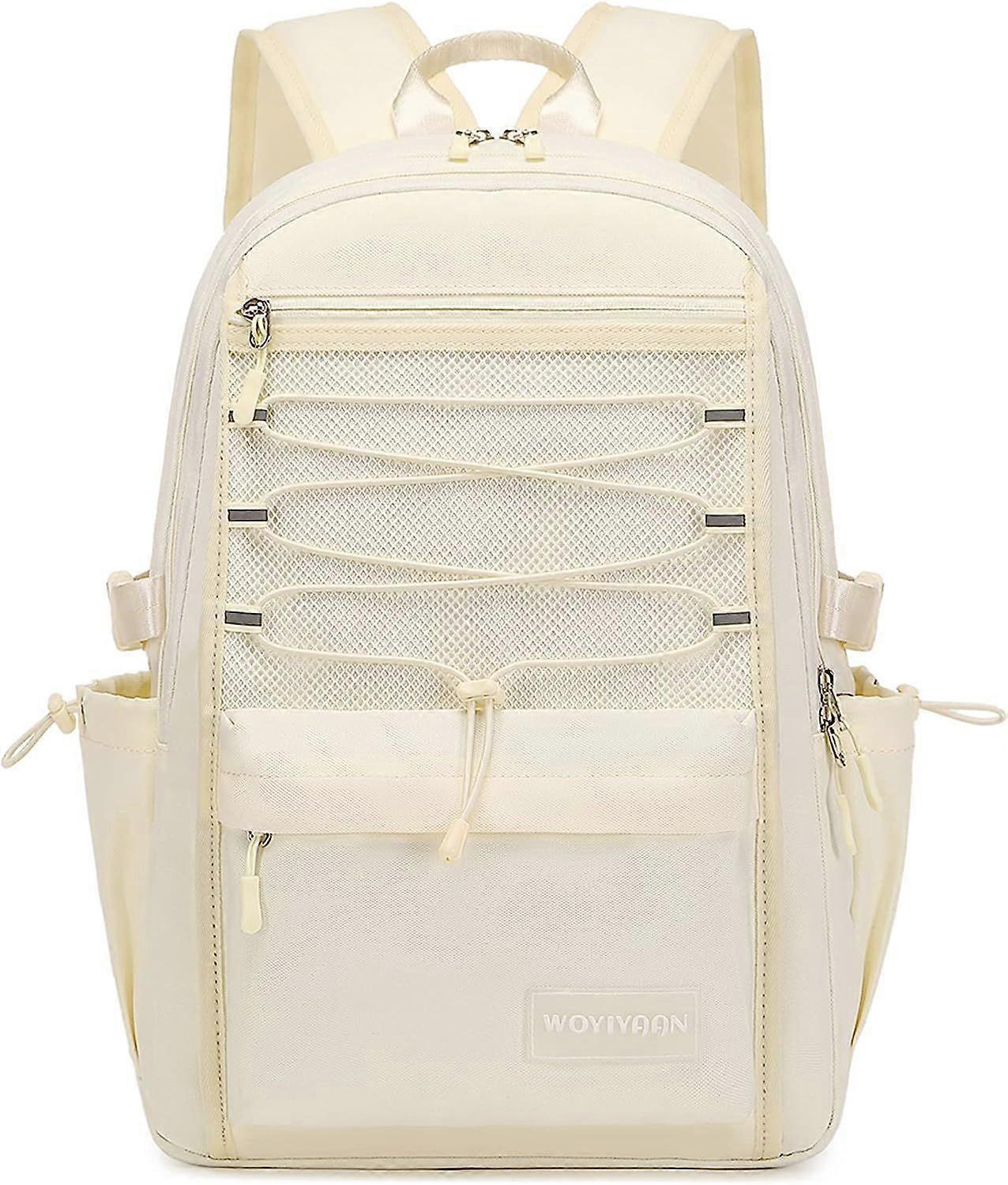 女性の女の子のためのラップトップバックパック15.6インチメッシュスクールバッグ、ユニセックス学生ブックバッグ大学の仕事旅行のための防水バックパック、ベージュ