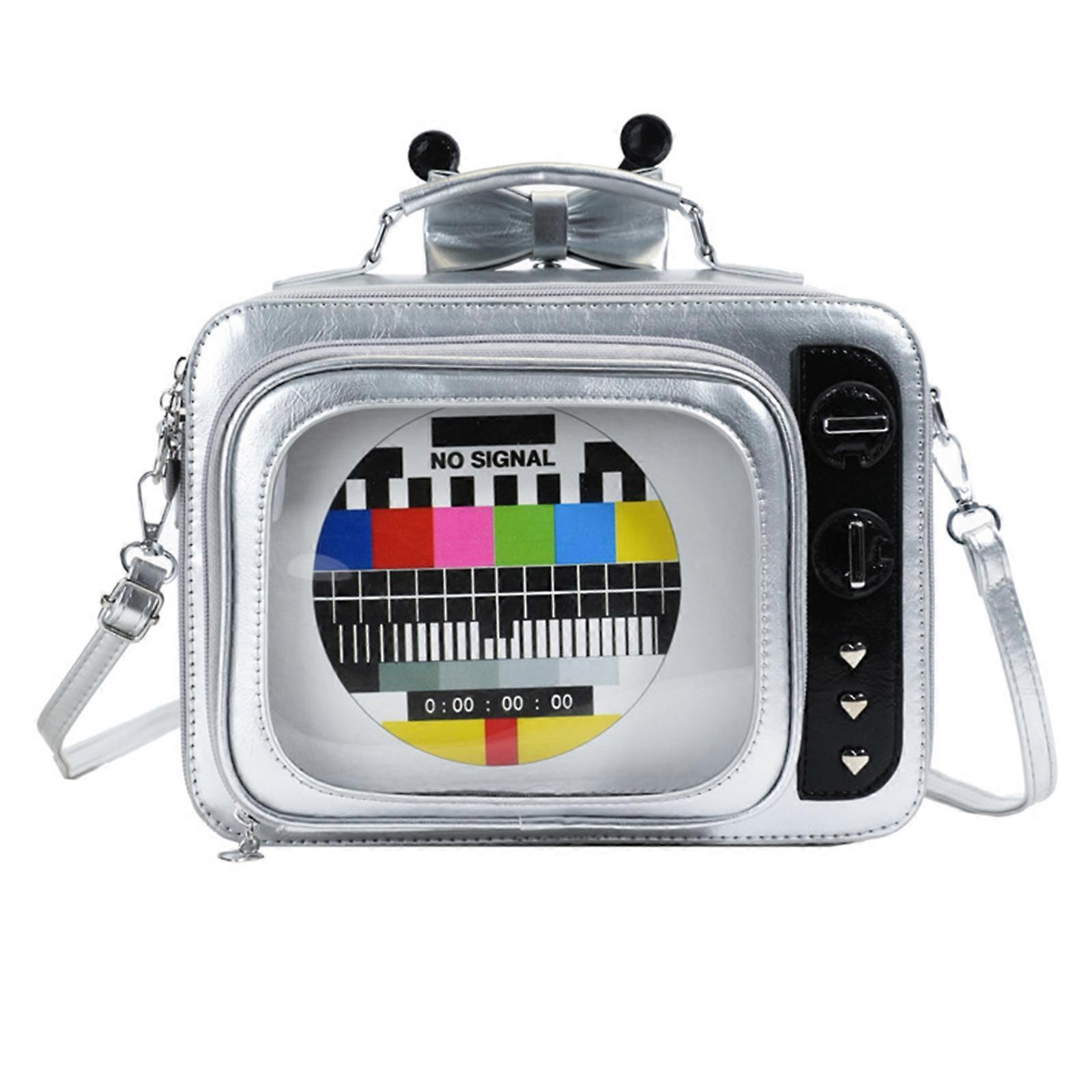 Retro TV Designs School Baackpack Women's Shoulder Bag with See Through Window and Adjustable Strap for Everyday Use  Silver