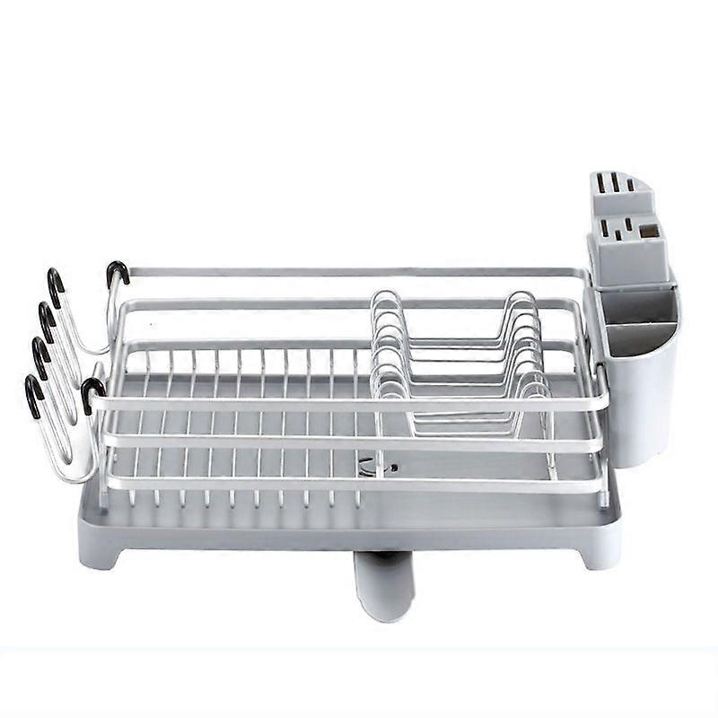 Multifunctional Automatic Draining Aluminum Dish Drainer with Water Outlet (Silver + Light Gray Chassis)