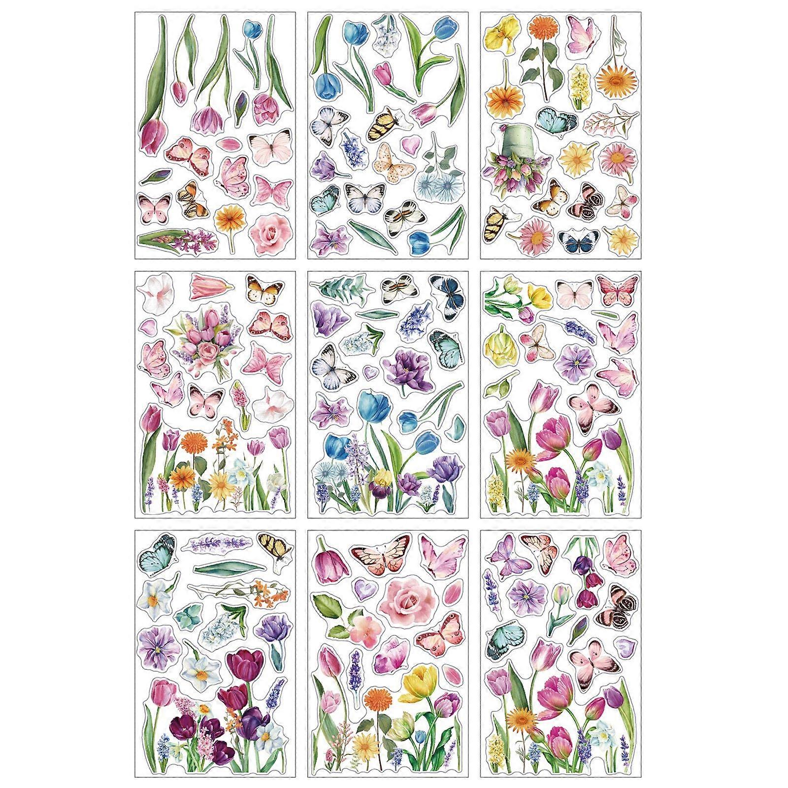 9pcs Spring Window Stickers Tulips Flower and Butterfly Window Decals Removable Double Side Cling Stickers for Office