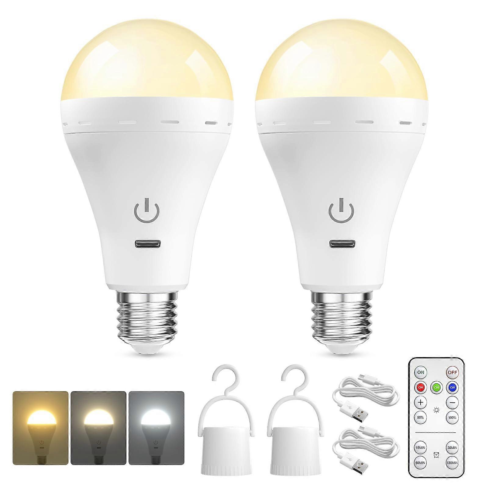 E26 Rechargeable LED Light Bulbs with Remote, 3 Colors, Timer, 2 Packs