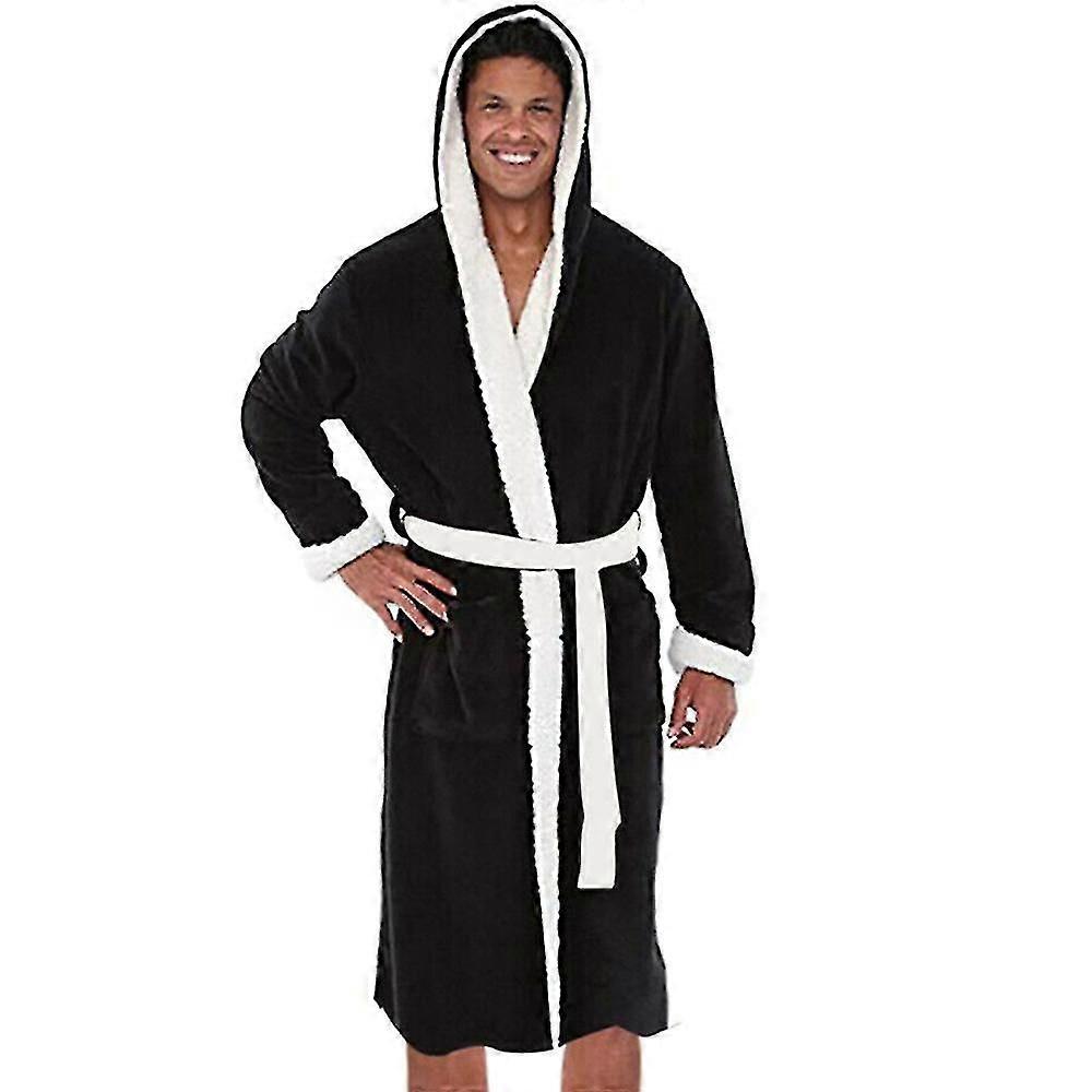Men Winter Fleece Hooded Bathrobe Night Robe