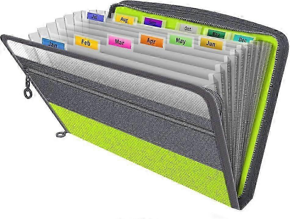 1PCS Green 13-Pocket Zip File Organizer, Expanding Document Folder Storage Box