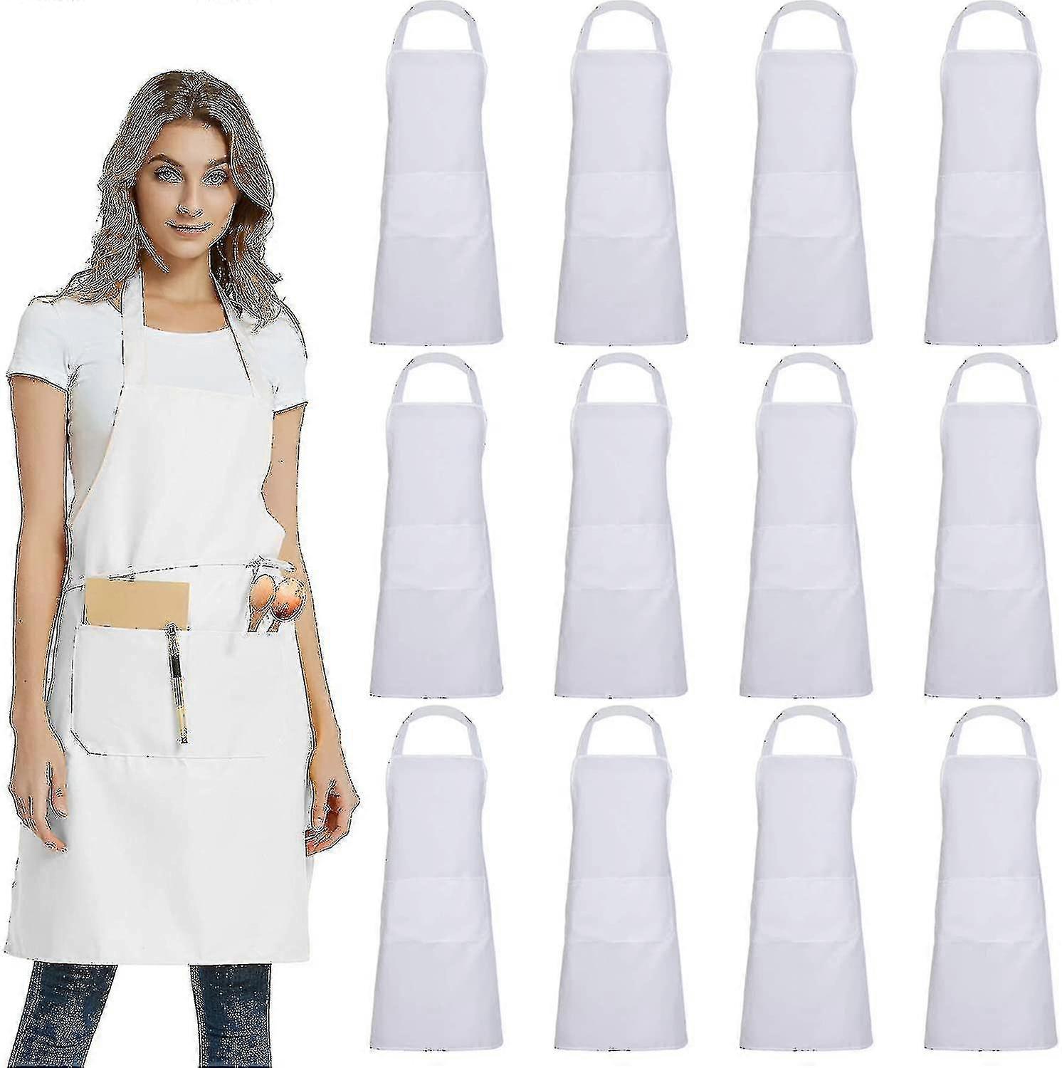 12 Pack Plain Bib Aprons With 2 Pockets - Black Unisex Bulk Aprons