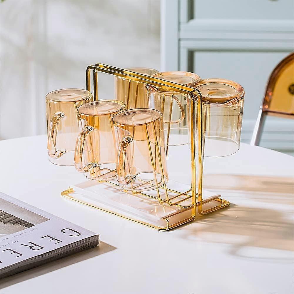 ZENGO Metal Cup Drying Rack with 6 Hooks, Bottle Drying Rack with Drain Tray,Coffee Mug Holder,Mug Organizer Golden