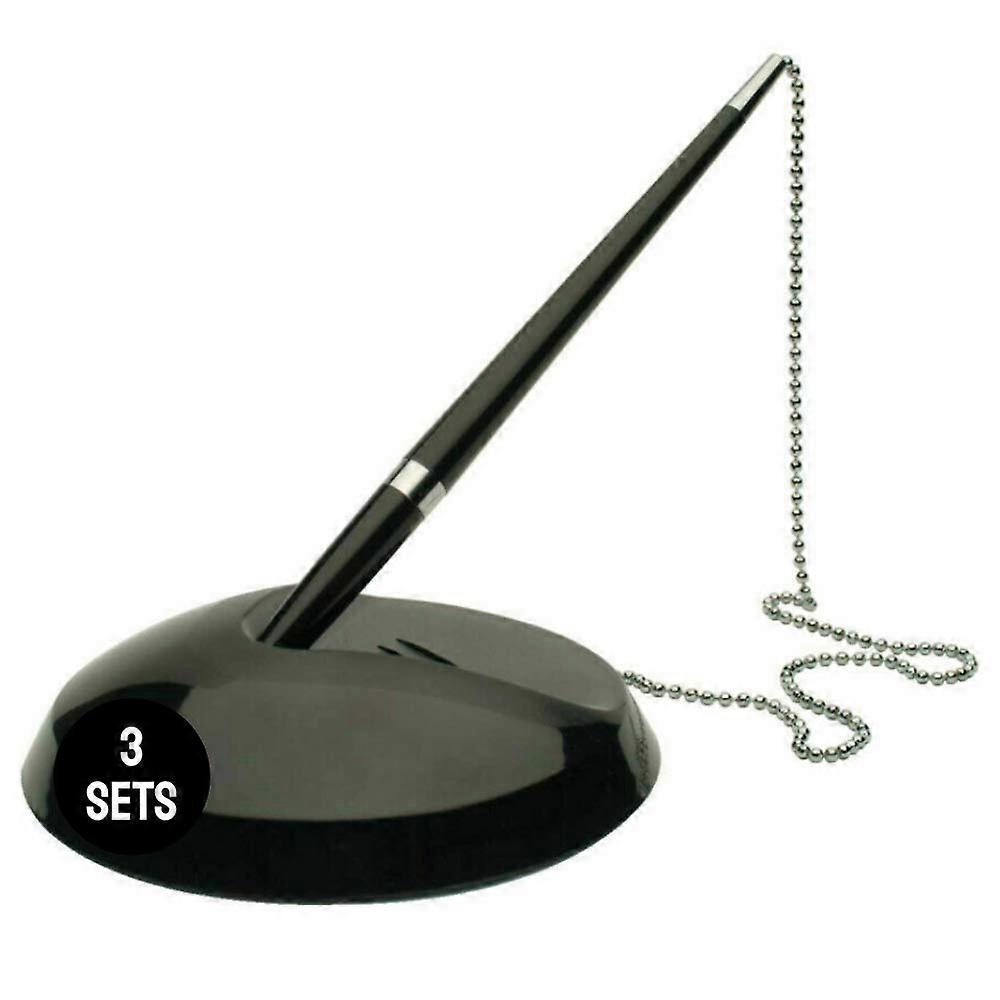 3 Pack Reception Ballpoint Pen Desk Set with Base and Adhesive Pad, Black Ink, Includes 2 Refills for Office and School