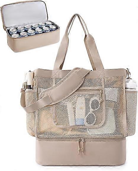 Mesh Tote Bag for Women with Built-in Cooler - Leakproof Insulated Compartment Sandproof & Quick-Dry, Extra-Large Capacity with Secure Zipper