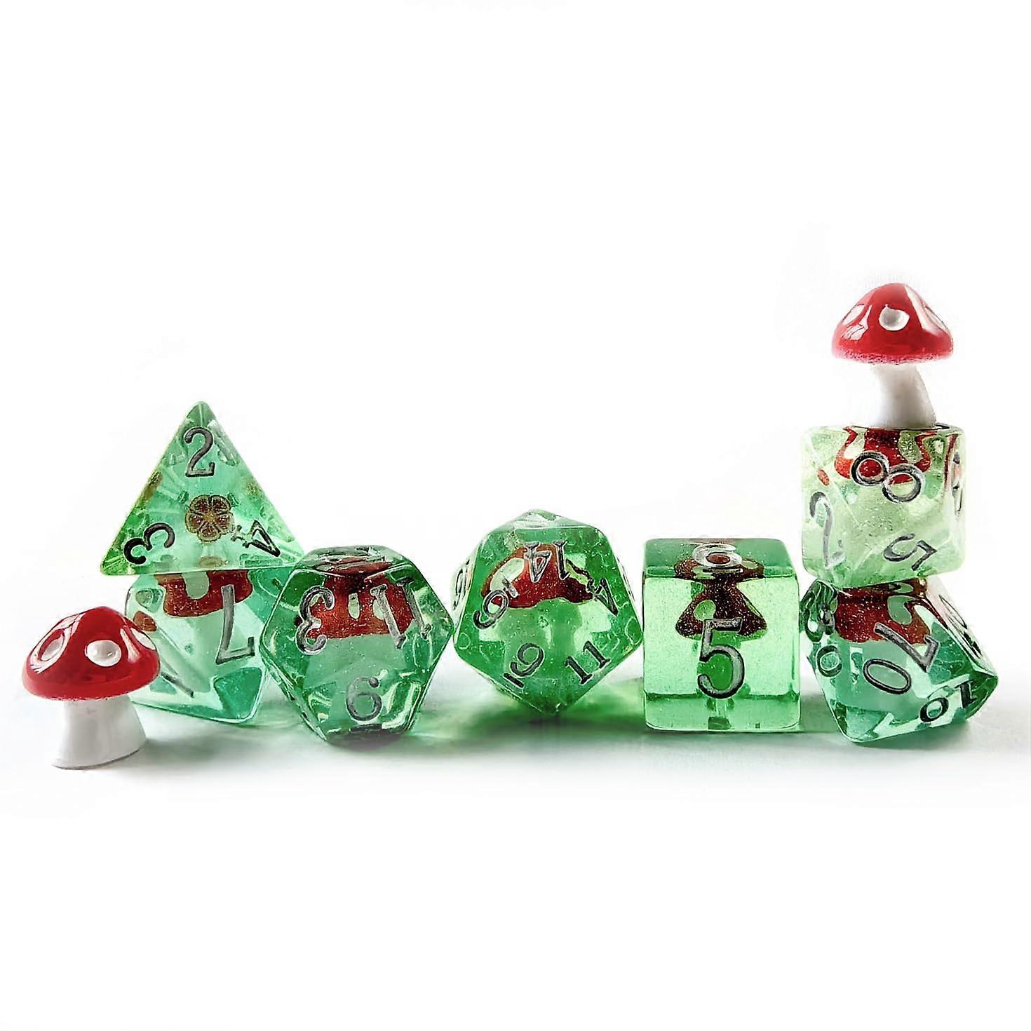 Mushroom Polyhedral DND Dice Set, Cartoon Mushroom Dice for Role Playing Games, Dice Games and MTG Table Games, 7 Pieces Set Green Set (Red Mushroom)
