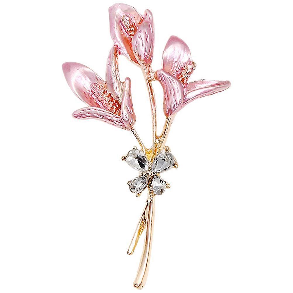 Pink Flower Lapel Pin with Rhinestone Decoration for Clothes Hats and Dresses Alloy Material