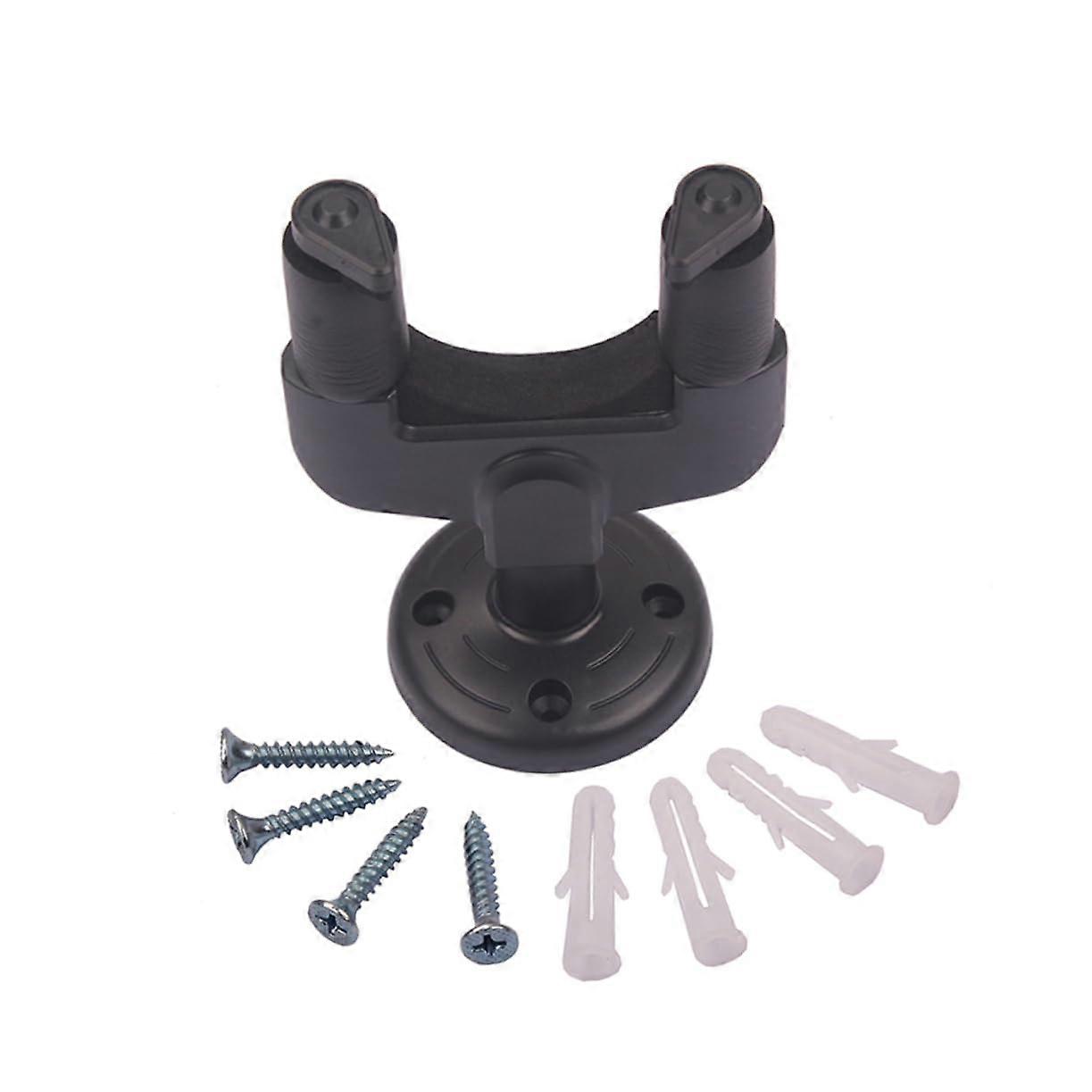 Wallmounted guitar hanger for guitar, bass, ukulele, mandolin, and banjo. Durable material with mounting screws. Spacesaving and secure.