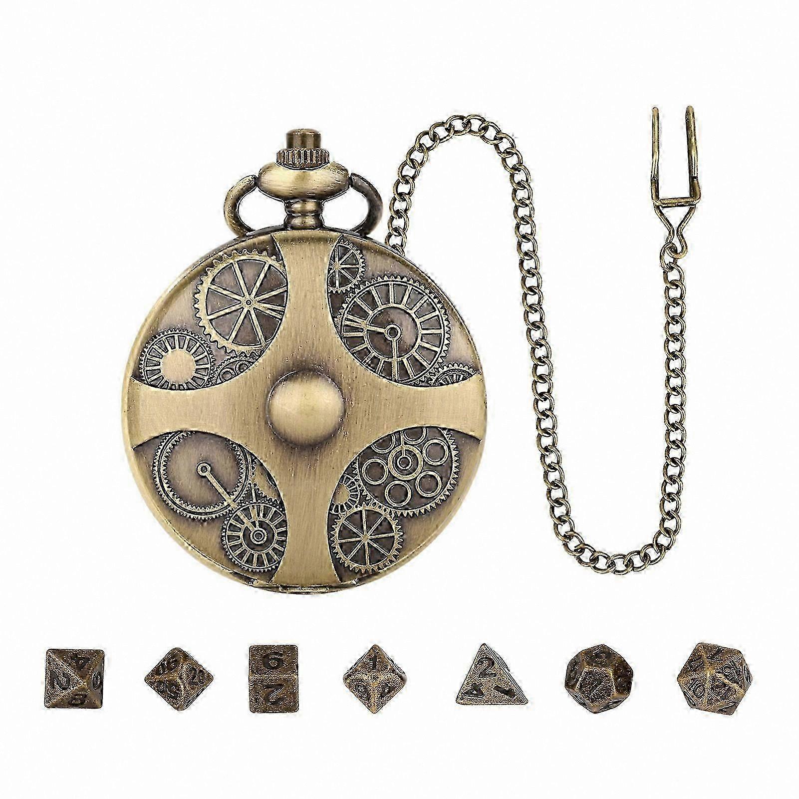 Steampunk Themed Metal Dice Set for Tabletop RPG and Board Games, Pocket Watch Style DND Accessories for Role Playing Adventures