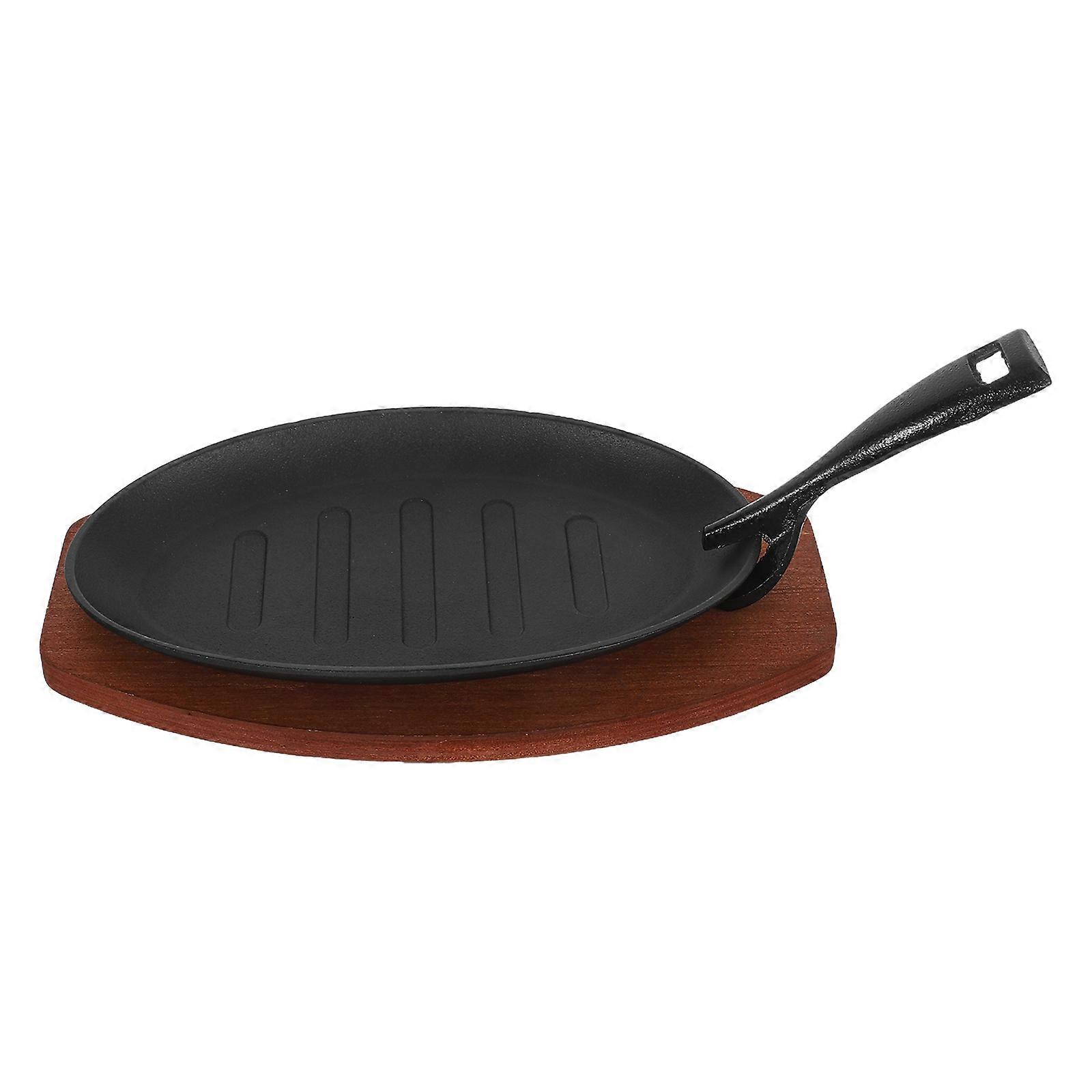 Cast Iron Skillet Pan for Kitchen with Wooden Base and Fork 1Set