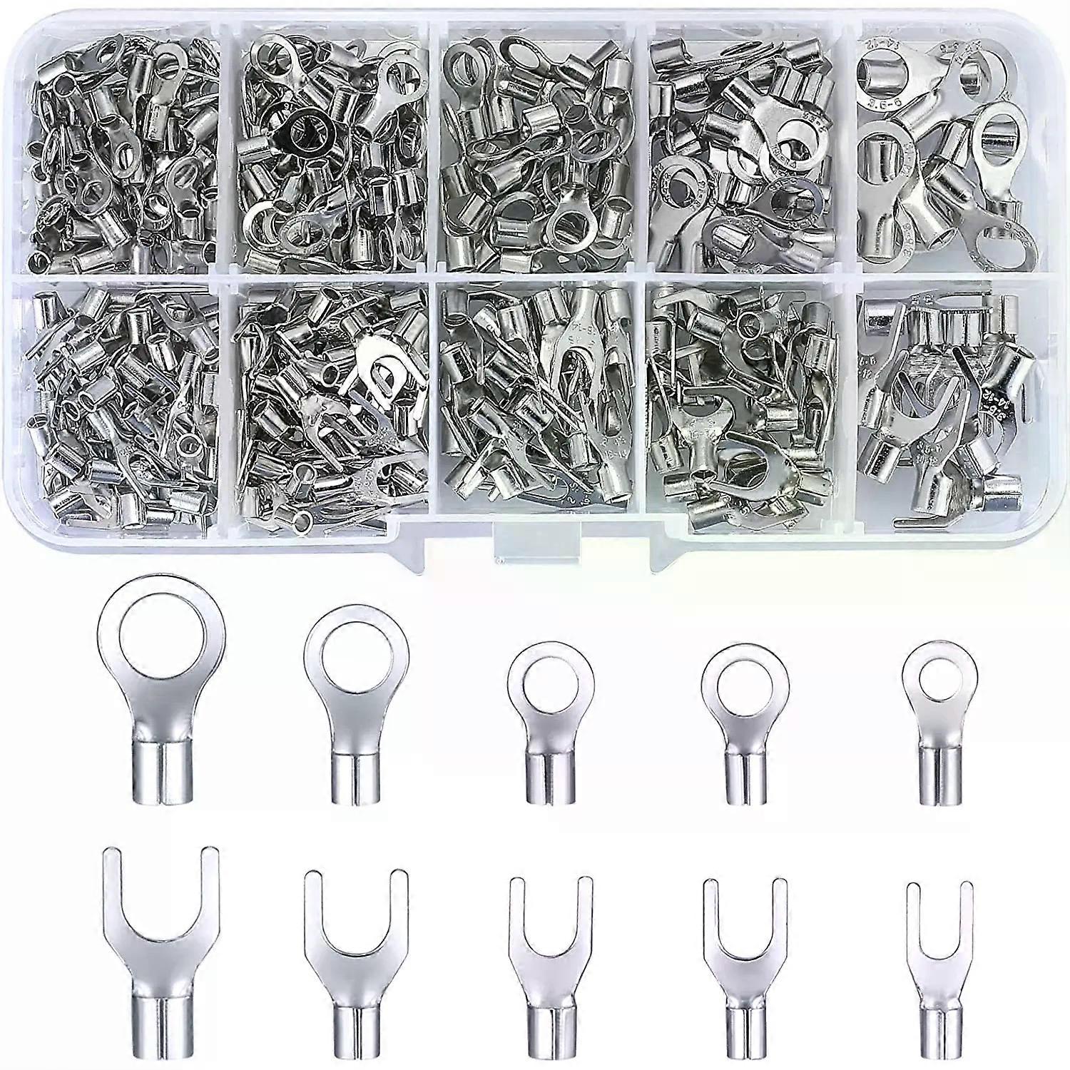 320 PCS Non-Insulated Copper Wire Crimp Terminals Connectors Kit Ring & Fork U Shaped O Shaped Cold Pressed Bare Terminals