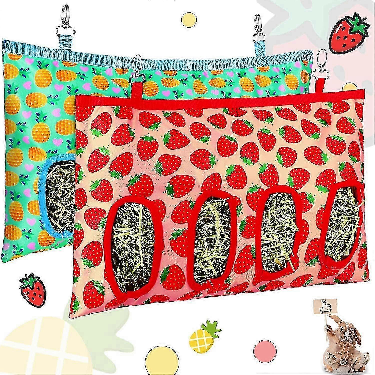 2 Pcs Reusable Hanging 4 Hole Rabbit Hay Feeding Bag (Pineapple + Strawberry)