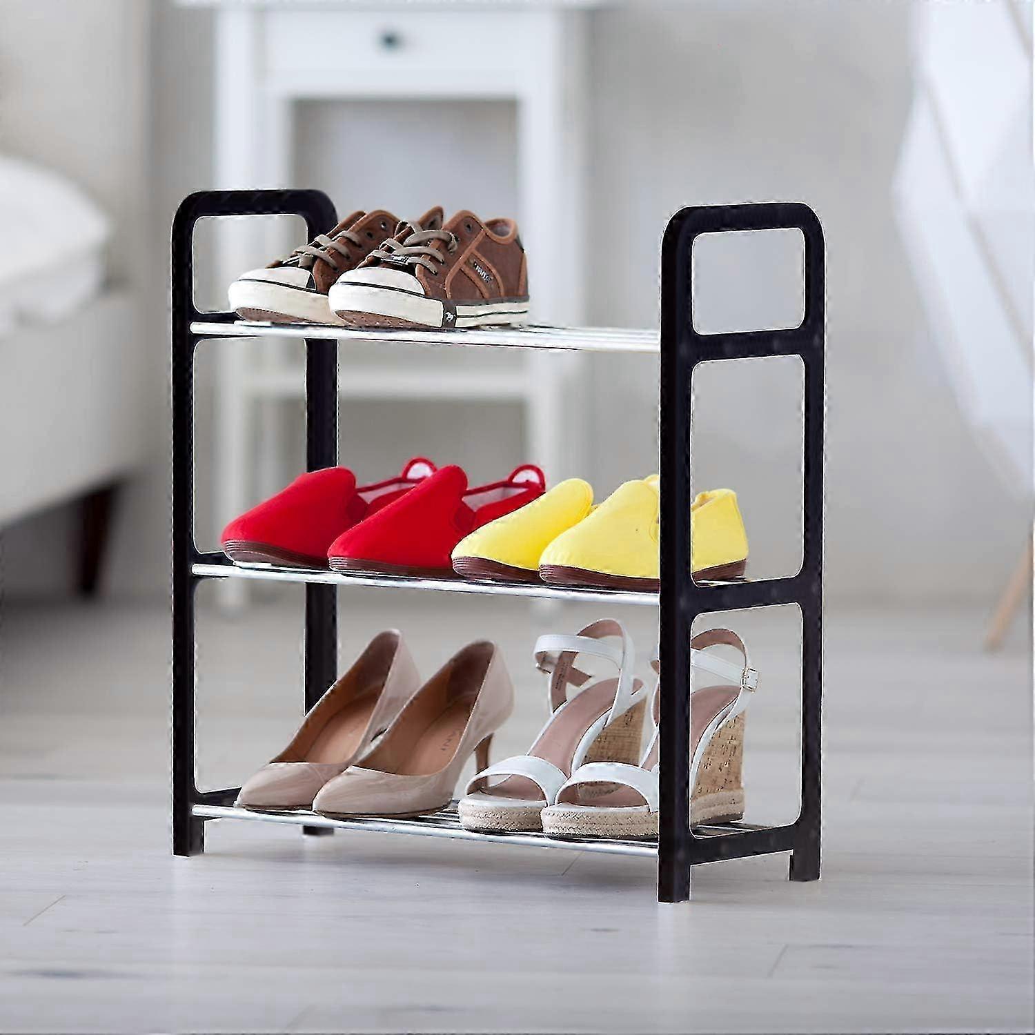 Shoe rack on 3 levels, rust-proof, space-saving, shoe rack, 3 levels, tubular steel, plastic, black, silver 2025