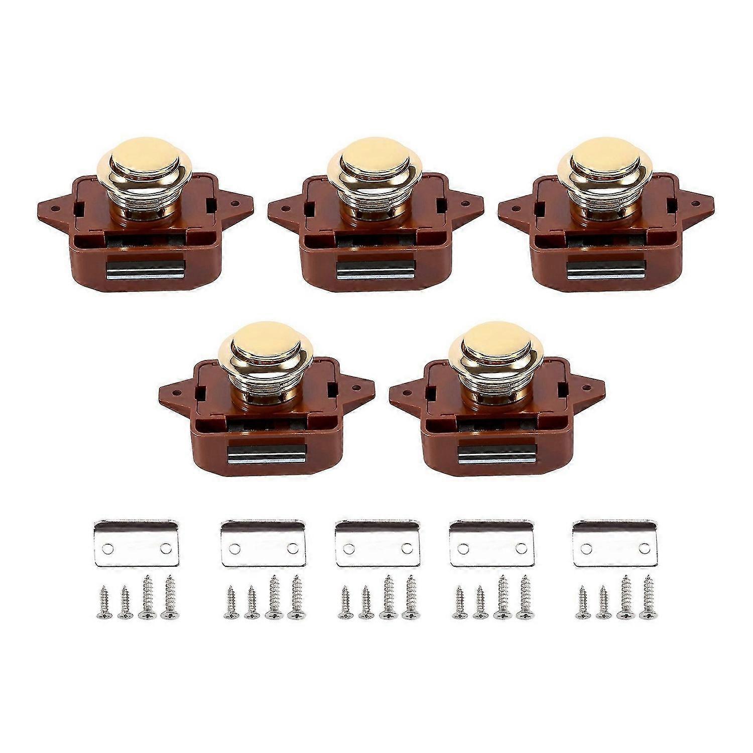 5Pcs Keyless Push Button Catch Door Knob Lock for RV Caravan Cabinet Boat Motor Home Cupboard, Brown