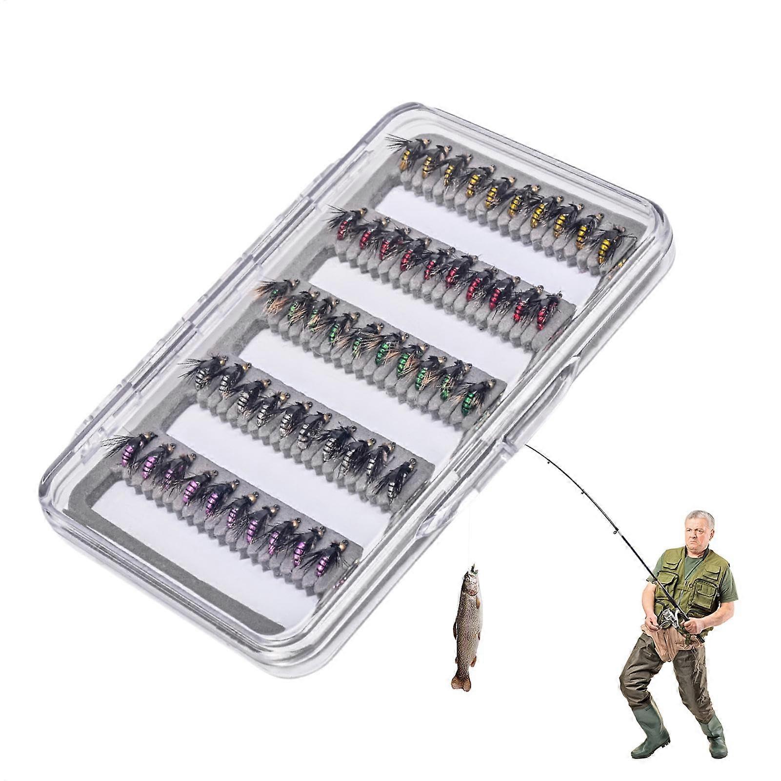 Fly Fishing Lure Kit 50X Artificial Fishing Baits With Storage Box, Fly Hooks For Trout And Bass, 5 Colors, 50 Pieces