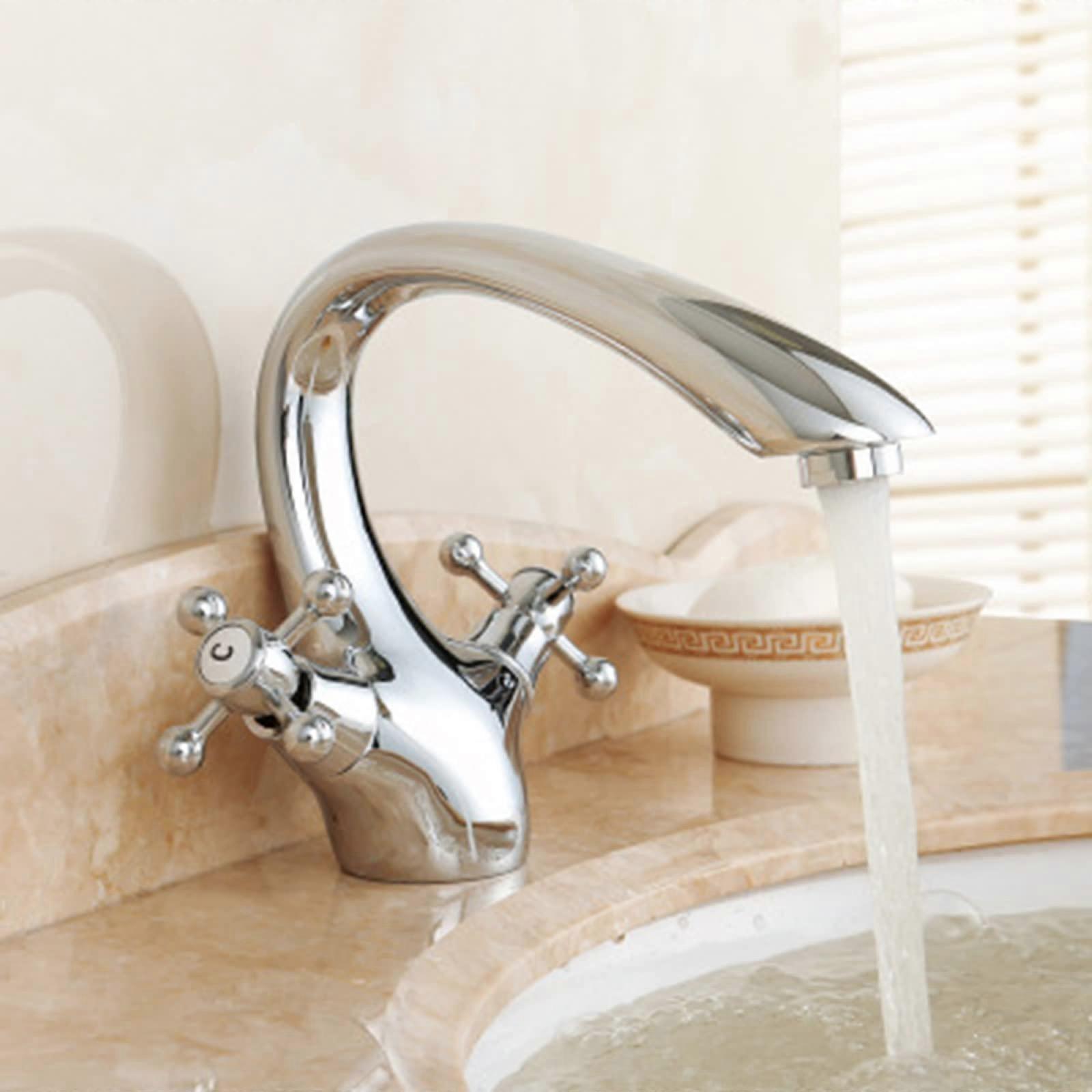 Vintage Brass Bathroom Sink Taps Retro Hot Cold Faucet Two Cross Handles Chrome Plated Vanity Mixer Tap Basin