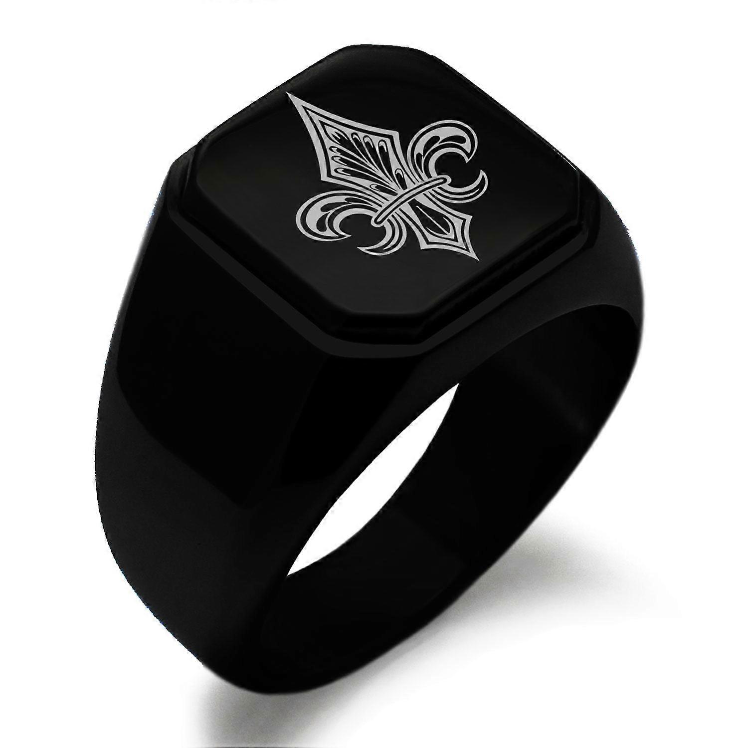 Stainless Steel Knightly Fleur De Lis Engraved Square Flat Top Biker Style Polished Signet Ring