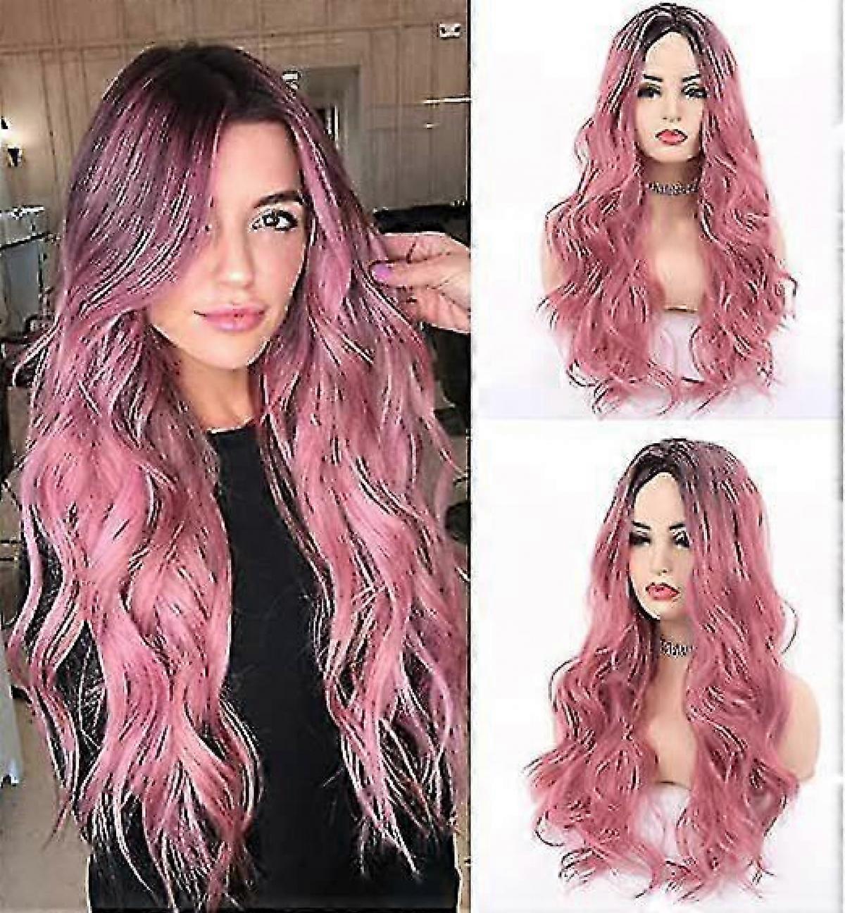 Brown women's wig with gradient pink