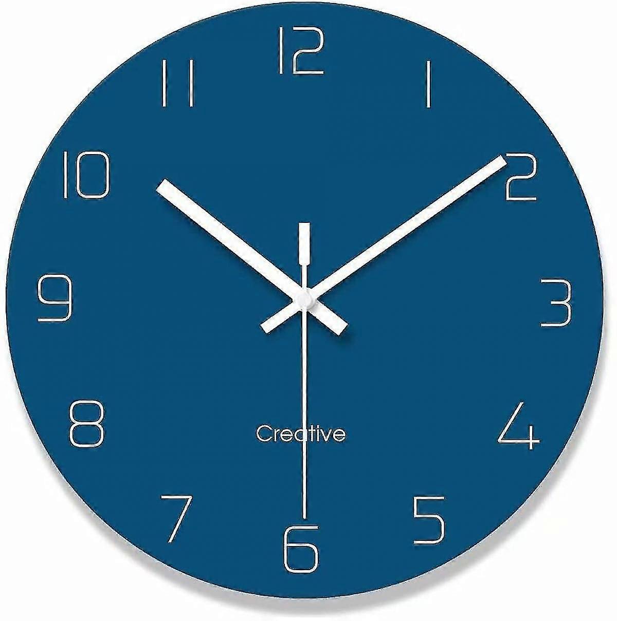 大きい壁装飾時計のリビングルーム現代時計、クォーツアナログムーブメントサイレントノンカチラウンドデジタルガラスウォールクロック12インチ - ブルー