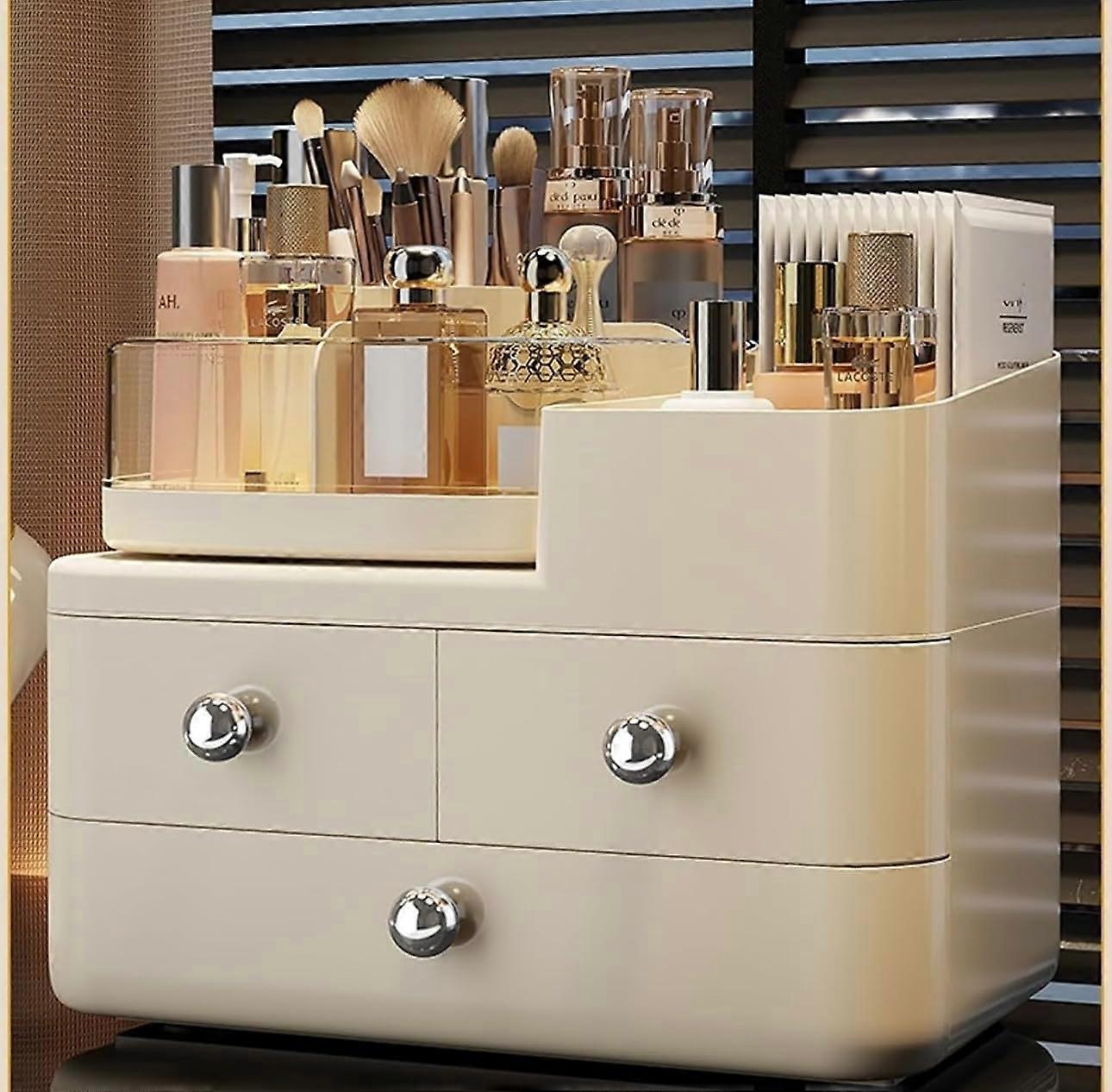 Makeup Organizer with Three Spacious Drawers, Dustproof White Vanity Storage, Elegant Chrome Accents