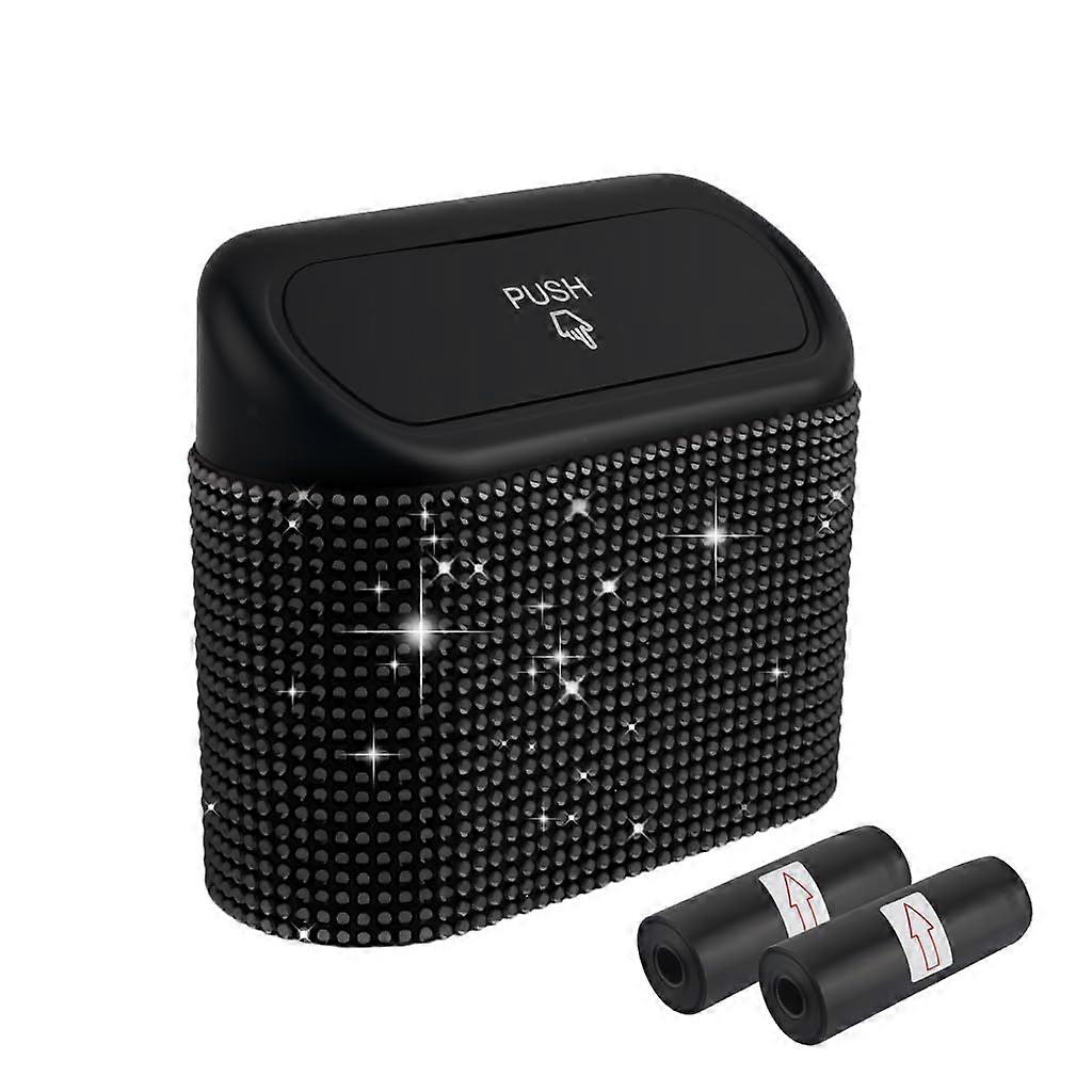 Car Trash Can with Lid and Rhinestones, Sparkling PushtoOpen Vehicle Garbage Bin Black Diamond