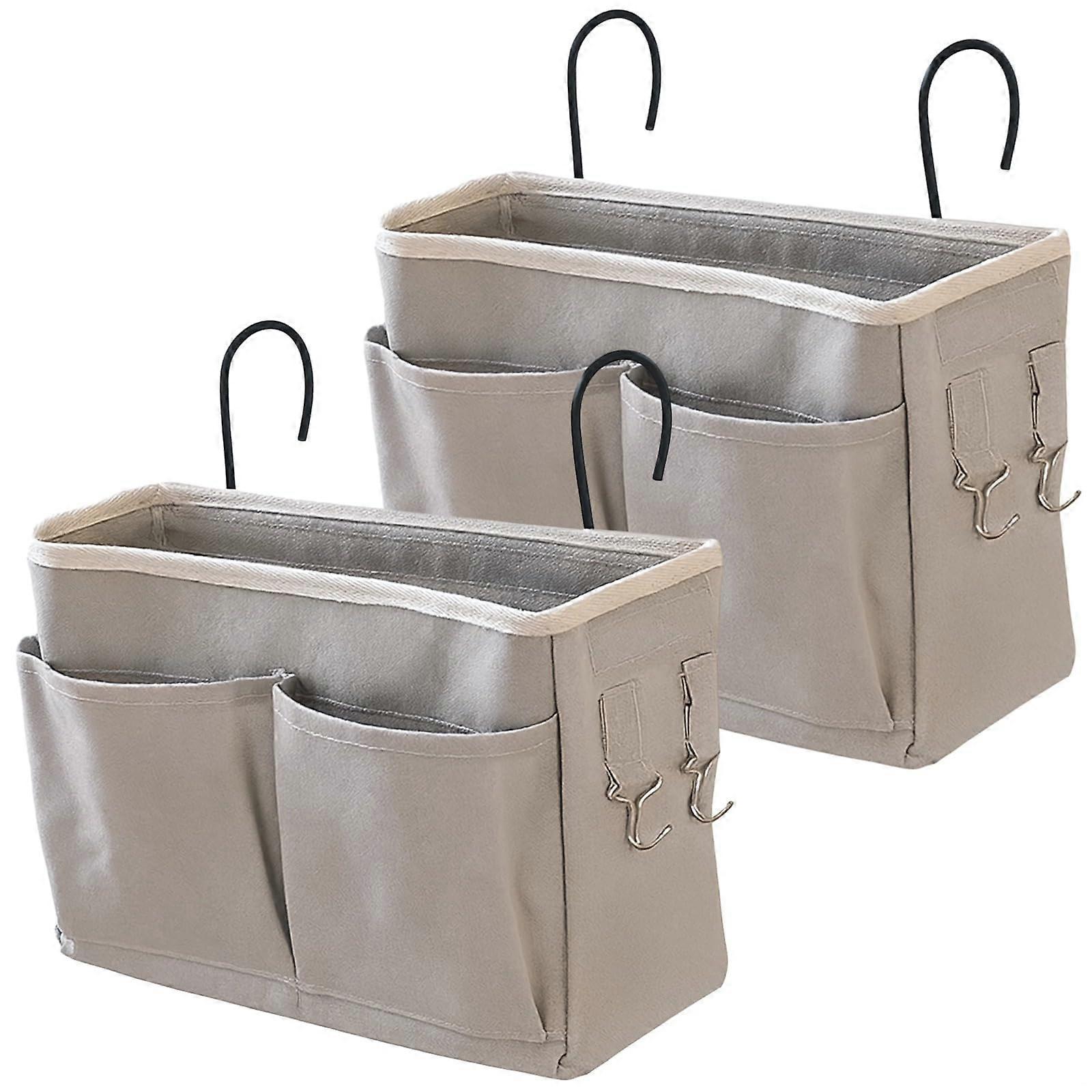 2 Pcs Cotton Linen Bedside Storage Organizer with Multi Pockets and Waterproof Lining for Dorm