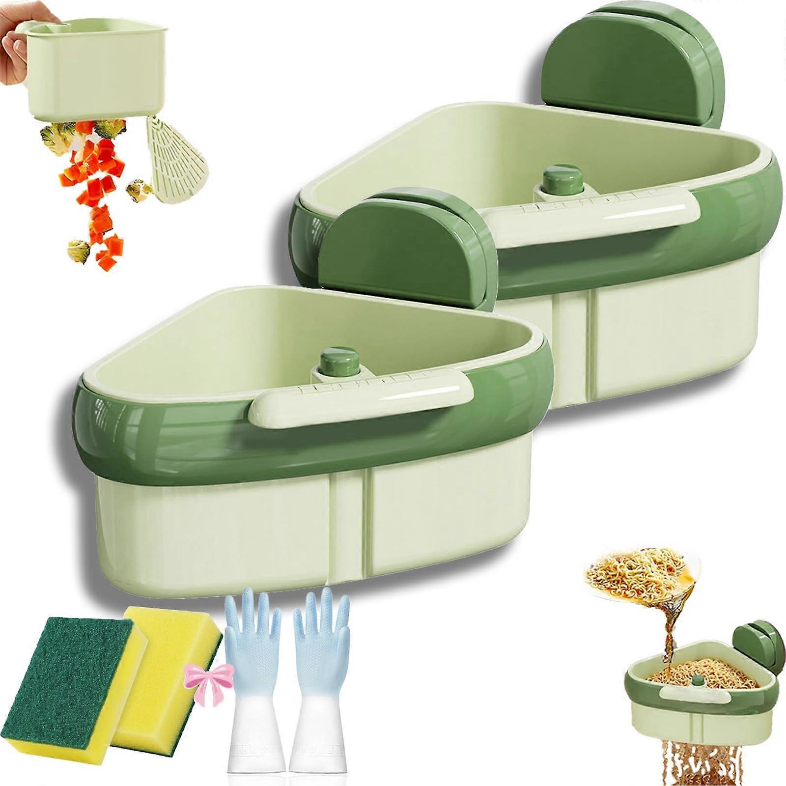 Sink Corner Rack with Strainer, Triangle Waste Basket for Kitchen, Suction Cup Base, 2pcs Green