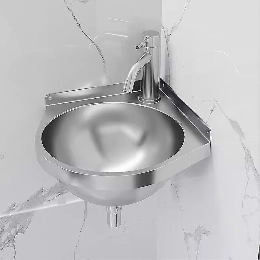 Corner Stainless Steel Sink with Faucet, SpaceSaving Wall Mount Triangular Design for Bathroom or Kitchen, Silver 21x21x15cm