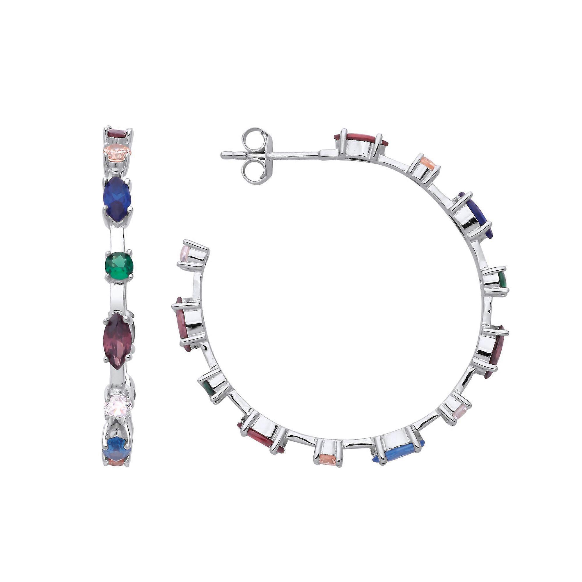 Jewelco London Ladies Sterling Silver Blue Purple Green Marquise CZ Ferris Wheel Alternating Eternity Hoop Earrings 35mm