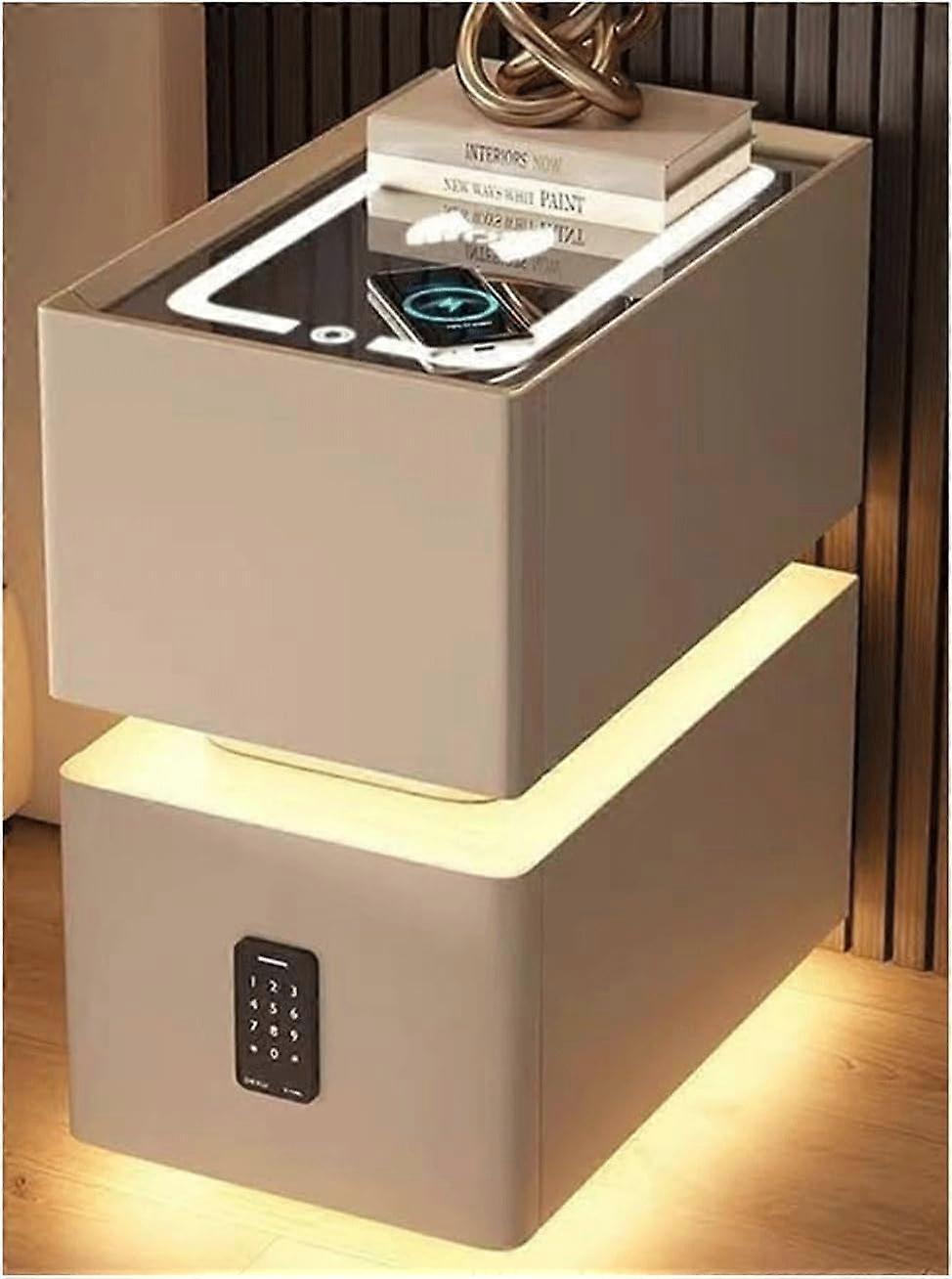 Solid Wood Bedside Table with Charging Station, LED Light and Password Lock for Small Bedrooms