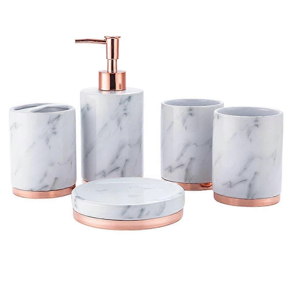 Marble Bathroom Set with Ceramic Accessories, Decorative Finish, Compact Countertop Organizer