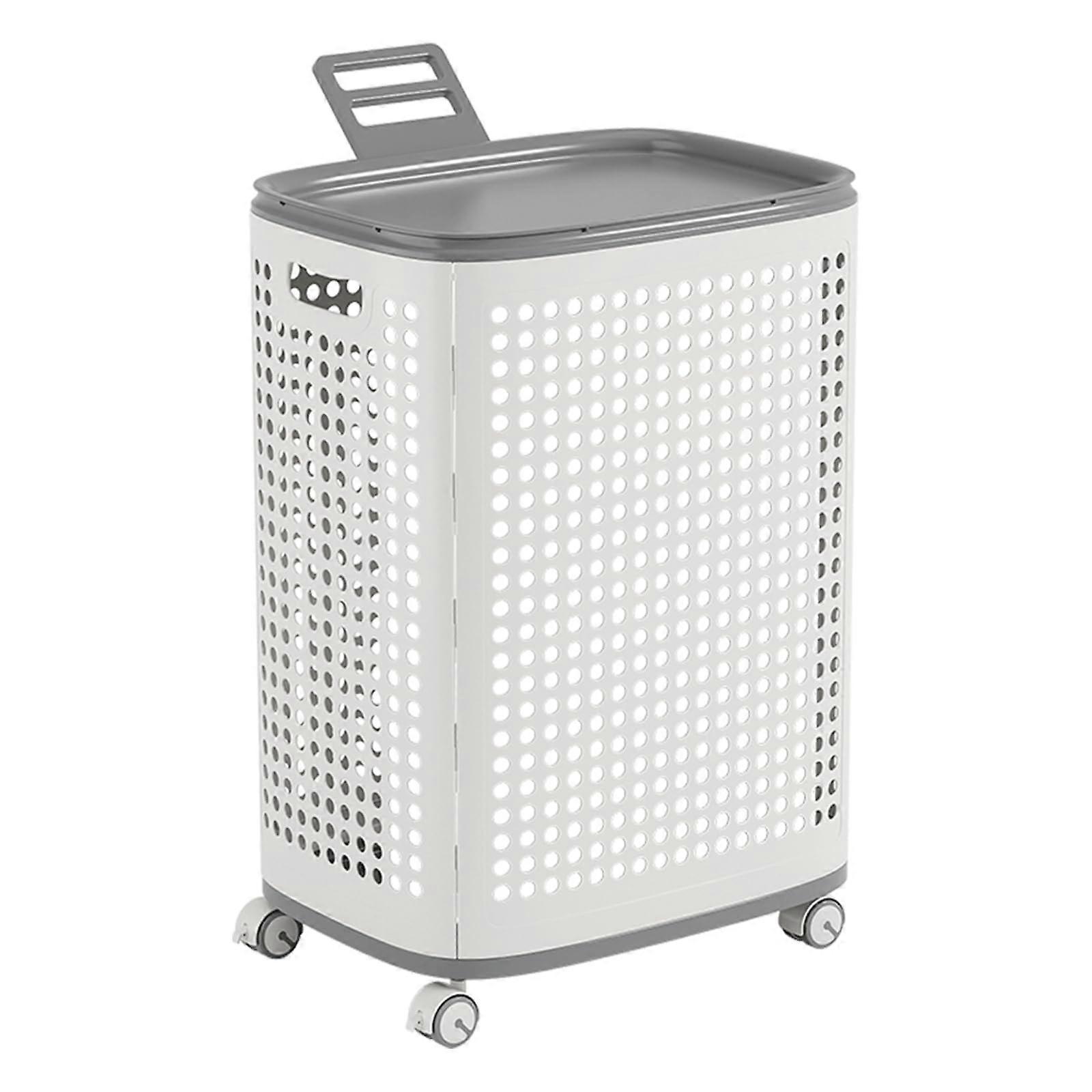 Plastic Laundry Basket with Wheels, Large Rolling Hamper for Clothes, Durable Bathroom Storage (White)