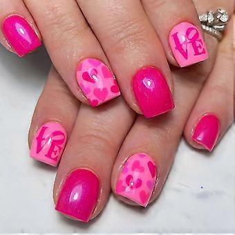 Valentines Press On Nails Short Square French Tip Fake Nails Rose Pink Heart Design 24pcs