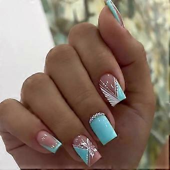 24pcs French Tip False Nails Short Square Stick on Nails Blue Pink Press on Nails with White Flower Patterns Removable Glue-on Nails Full Cover