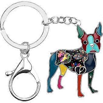 Enamel Alloy Crystal Boston Terrier Dog Keychain Bag Car Wallet Charms For Women