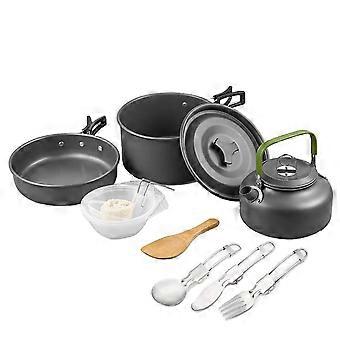 11PCS Camping Batterie De Cuisine Mess Kit Antiadhésif Casserole et Poêle Avec Bouilloire En Acier Inoxydable Tasses Assiettes Fourchettes Couteaux Cuillères Léger