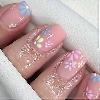 24Pcs Short Pink Press on Nails with Flower Design, Glossy Full Cover Fake Nails for Women