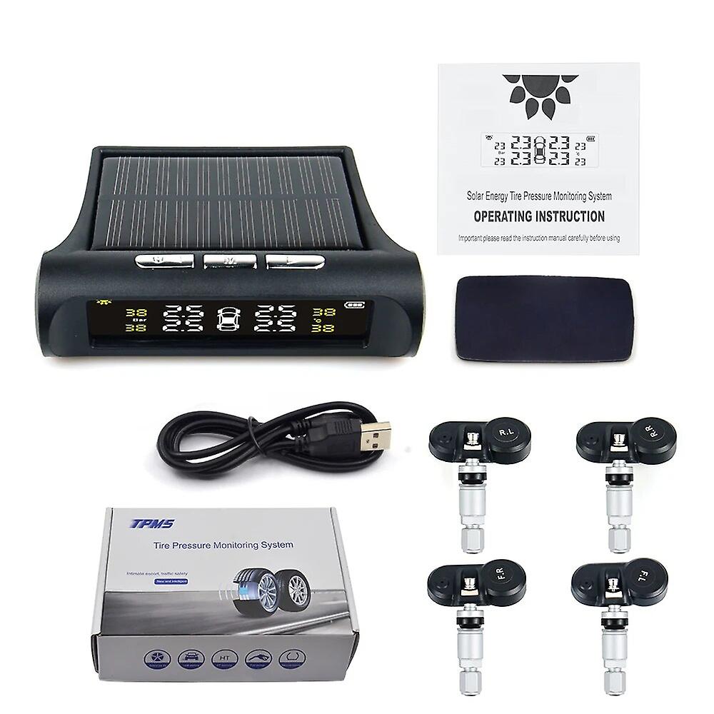 Solar Power Usb Tpms Car Tire Pressure Monitoring System Lcd 4 External / Internal Sensors For Suv Temperature Warning