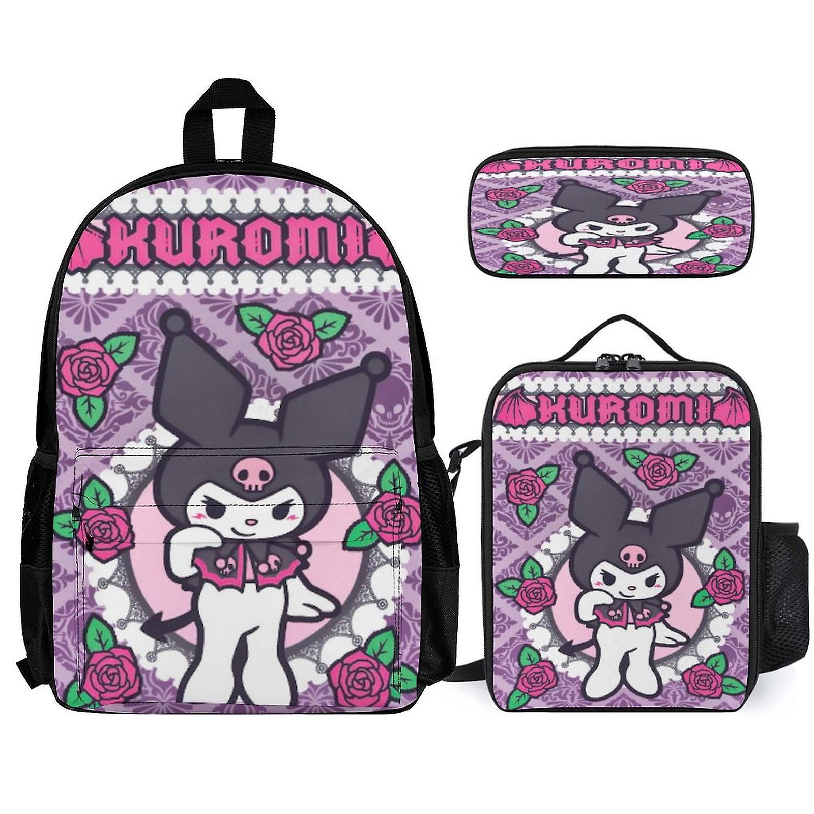 Kuromi Backpack Set de 3 piezas Mochila para portátil con estuche de lápices Combinación de bolsa de almuerzo