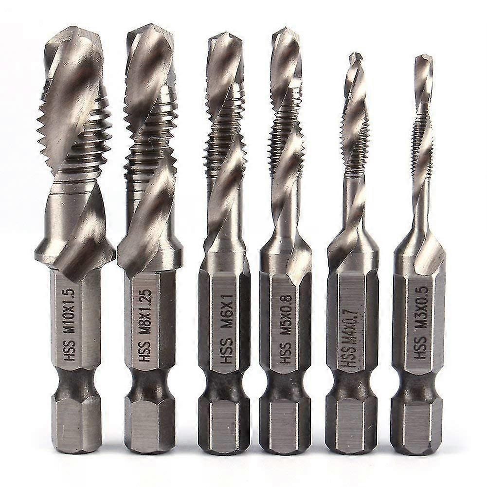 6pcs Hss Drill Bit Set 1/4" Hex Shank Set Hss Combination Drill Tap Bit M3-m10 Metric Thread Drill For Wood Iron Aluminum Silver