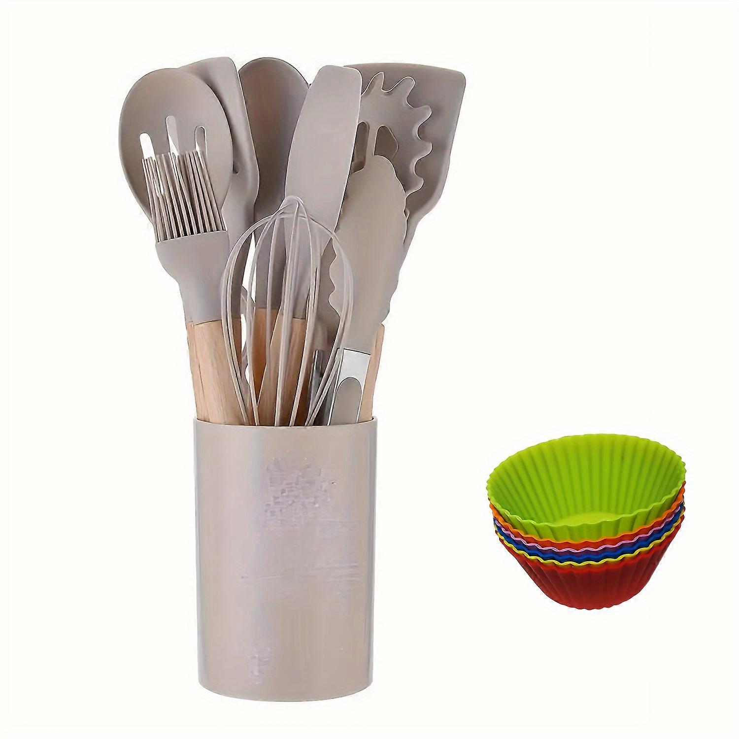 18pcs/set, Silicone Utensil Set, White Kitchen Utensil Set, Non-Stick Cooking Utensils Set With Wooden Handle, Muffin Cup And Non-stick Silicone Kitch