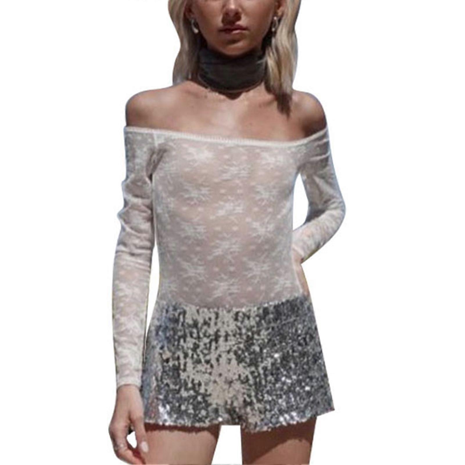 Tute da donna in rete senza spalla Body in pizzo Camicia in rete trasparente Body in rete a maniche lunghe Tute affascinanti Bianco S