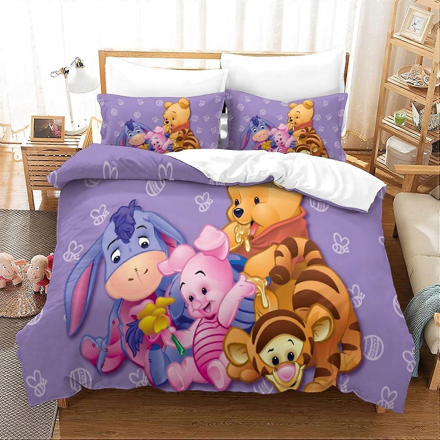 Winnie the Pooh Duvet Cover Set Animated Characters Pattern Soft Microfiber Bedding Set with Zipper Closure for Girls Boys Kids