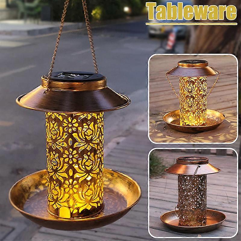 Solar Bird Feeder Outdoor Bird Feeder with LED Light Hollow Copper Wild Bird Cage for Outdoor Garden Yard Lawn Decor